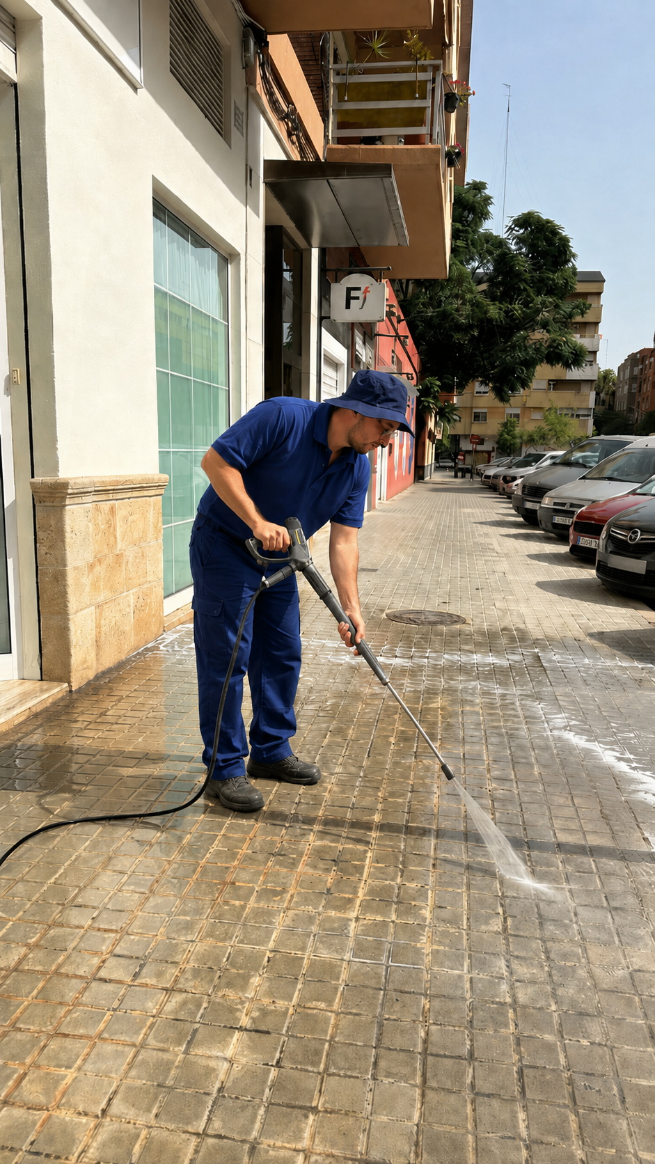 Mikhail from Terraza Clean pressure washing a mosaic pavement in Valencia
