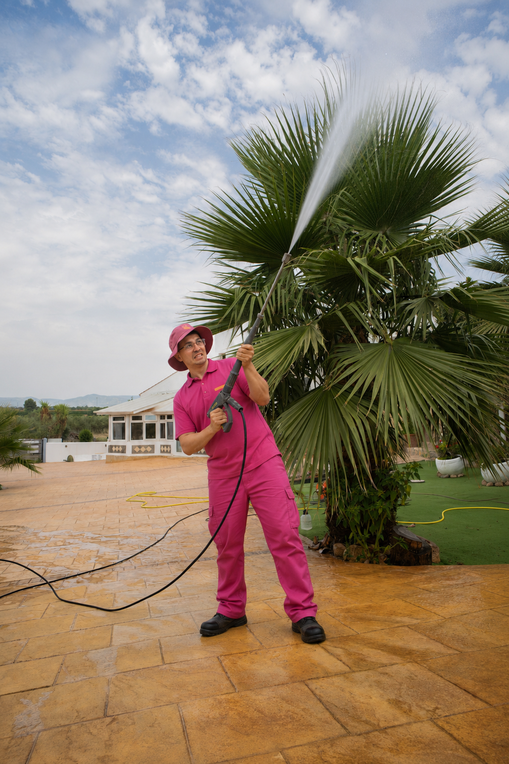 Anton from Terraza Clean pressure washing a palm on a Valencian terrace
